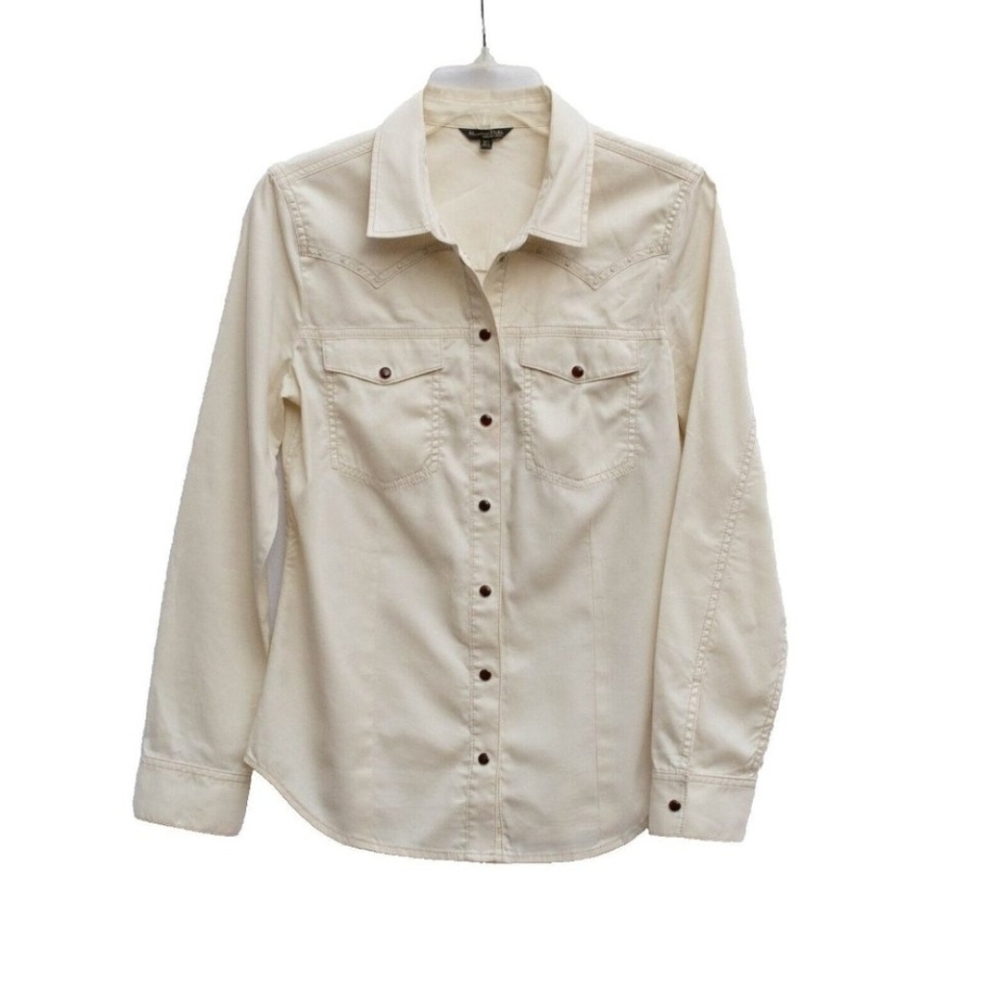 Massimo Dutti Womens Sz S Creamy White Fitted Pearl SnapUp Studded Western Shirt